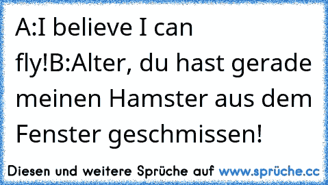 A:I believe I can fly!
B:Alter, du hast gerade meinen Hamster aus dem Fenster geschmissen!