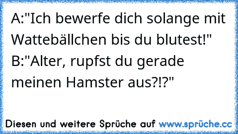 A:"Ich bewerfe dich solange mit Wattebällchen bis du blutest!" B:"Alter, rupfst du gerade meinen Hamster aus?!?"