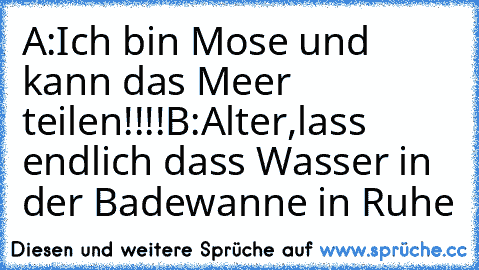 A:Ich bin Mose und kann das Meer teilen!!!!
B:Alter,lass endlich dass Wasser in der Badewanne in Ruhe