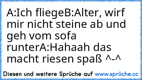 A:Ich fliege
B:Alter, wirf mir nicht steine ab und geh vom sofa runter
A:Hahaah das macht riesen spaß ^-^