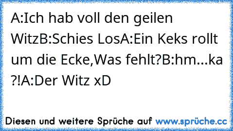 A:Ich hab voll den geilen Witz
B:Schies Los
A:Ein Keks rollt um die Ecke,Was fehlt?
B:hm...ka ?!
A:Der Witz xD