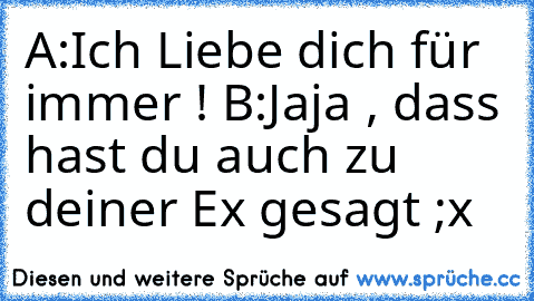 A:Ich Liebe dich für immer ! ♥
B:Jaja , dass hast du auch zu deiner Ex gesagt ;x