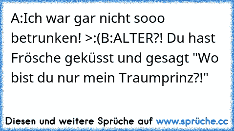 A:Ich war gar nicht sooo betrunken! >:(
B:ALTER?! Du hast  Frösche geküsst und gesagt "Wo bist du nur mein Traumprinz?!"