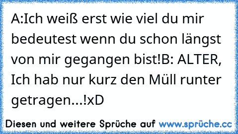 A:Ich weiß erst wie viel du mir bedeutest wenn du schon längst von mir gegangen bist!
B: ALTER, Ich hab nur kurz den Müll runter getragen...!
xD