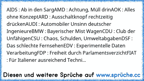 AIDS : Ab in den Sarg
AMD : Achtung, Müll drin
AOK : Alles ohne Konzept
ARD : Ausschaltknopf rechtzeitig drücken
AUDI : Automobiler Unsinn deutscher Ingenieure
BMW : Bayerischer Mist Wagen
CDU : Club der Unfähigen
CSU : Chaos, Schulden, Umweltabgaben
DSF : Das schlechte Fernsehen
EDV : Experimentelle Daten Verarbeitung
FDP : Freiheit durch Parlamentsverzicht
FIAT : Für Italiener ausreichend Tec...