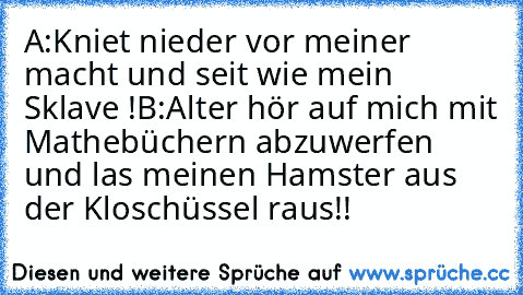 A:Kniet nieder vor meiner macht und seit wie mein Sklave !
B:Alter hör auf mich mit Mathebüchern abzuwerfen und las meinen Hamster aus der Kloschüssel raus!!