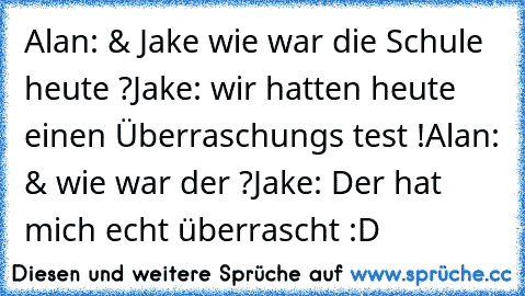 Alan: & Jake wie war die Schule heute ?
Jake: wir hatten heute einen Überraschungs test !
Alan: & wie war der ?
Jake: Der hat mich echt überrascht :D