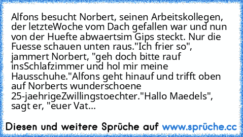 Alfons besucht Norbert, seinen Arbeitskollegen, der letzte
Woche vom Dach gefallen war und nun von der Huefte abwaerts
im Gips steckt. Nur die Fuesse schauen unten raus.
"Ich frier so", jammert Norbert, "geh doch bitte rauf ins
Schlafzimmer und hol mir meine Hausschuhe."
Alfons geht hinauf und trifft oben auf Norberts wunderschoene 25-jaehrige
Zwillingstoechter.
"Hallo Maedels", sagt er, "euer ...