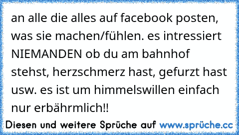 an alle die alles auf facebook posten, was sie machen/fühlen. es intressiert NIEMANDEN ob du am bahnhof stehst, herzschmerz hast, gefurzt hast usw. es ist um himmelswillen einfach nur erbährmlich!!