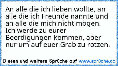 An alle die ich lieben wollte, an alle die ich Freunde nannte und an alle die mich nicht mögen. Ich werde zu eurer Beerdigungen kommen, aber nur um auf euer Grab zu rotzen.