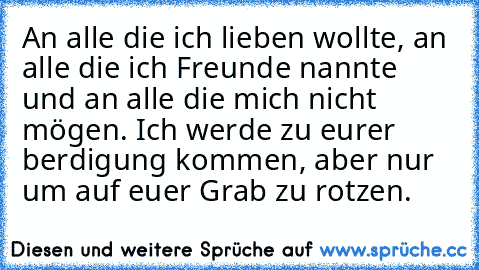 An alle die ich lieben wollte, an alle die ich Freunde nannte und an alle die mich nicht mögen. Ich werde zu eurer berdigung kommen, aber nur um auf euer Grab zu rotzen.