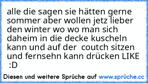 alle die sagen sie hätten gerne sommer aber wollen jetz lieber den winter wo wo man sich daheim in die decke kuscheln kann und auf der  coutch sitzen und fernsehn kann drücken LIKE ♥ :D