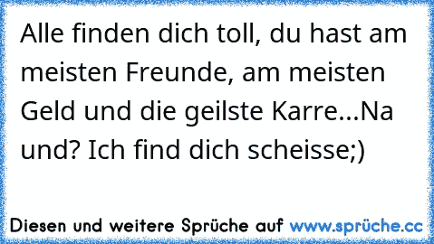 Alle finden dich toll, du hast am meisten Freunde, am meisten Geld und die geilste Karre...Na und? Ich find dich scheisse;)