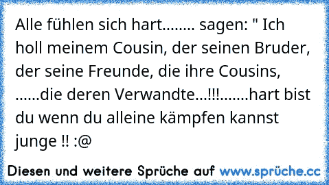 Alle fühlen sich hart........ sagen: " Ich holl meinem Cousin, der seinen Bruder, der seine Freunde, die ihre Cousins, ......die deren Verwandte...!!!.......hart bist du wenn du alleine kämpfen kannst junge !! :@