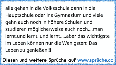 alle gehen in die Volksschule dann in die Hauptschule oder ins Gymnasium und viele gehn auch noch in höhere Schulen und studieren möglicherweise auch noch....man lernt,und lernt, und lernt.....aber das wichtigste im Leben können nur die Wenigsten: Das Leben zu genießen!!!