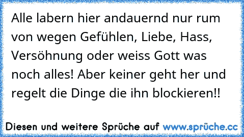 Alle labern hier andauernd nur rum von wegen Gefühlen, Liebe, Hass, Versöhnung oder weiss Gott was noch alles! Aber keiner geht her und regelt die Dinge die ihn blockieren!!