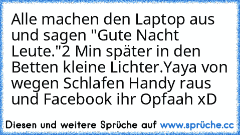 Alle machen den Laptop aus und sagen "Gute Nacht Leute."
2 Min später in den Betten kleine Lichter.
Yaya von wegen Schlafen Handy raus und Facebook ihr Opfaah xD