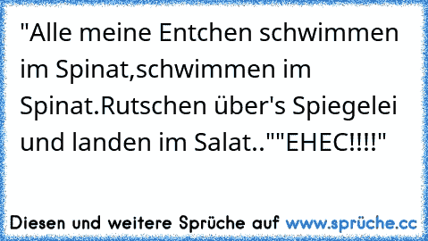 "Alle meine Entchen schwimmen im Spinat,schwimmen im Spinat.Rutschen über's Spiegelei und landen im Salat.."
"EHEC!!!!"