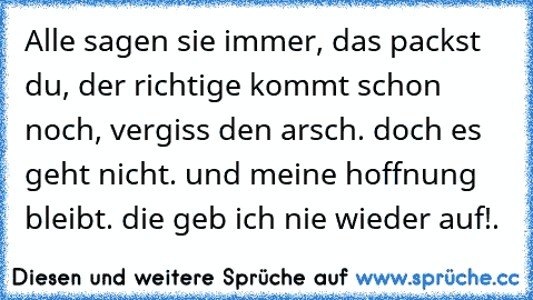 Alle sagen sie immer, das packst du, der richtige kommt schon noch, vergiss den arsch. doch es geht nicht. und meine hoffnung bleibt. die geb ich nie wieder auf!.