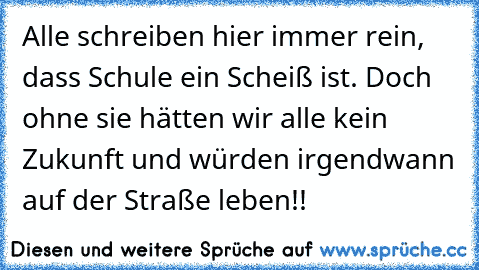 Alle schreiben hier immer rein, dass Schule ein Scheiß ist. Doch ohne sie hätten wir alle kein Zukunft und würden irgendwann auf der Straße leben!!