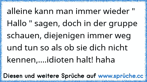 alleine kann man immer wieder " Hallo " sagen, doch in der gruppe schauen, diejenigen immer weg und tun so als ob sie dich nicht kennen,....idioten halt! haha