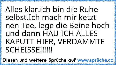 Alles klar.ich bin die Ruhe selbst.Ich mach mir ketzt nen Tee, lege die Beine hoch und dann HAU ICH ALLES KAPUTT HIER, VERDAMMTE SCHEISSE!!!!!!