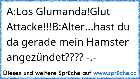 A:Los Glumanda!Glut Attacke!!!
B:Alter...hast du da gerade mein Hamster angezündet???? -.-