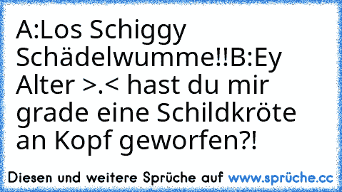 A:Los Schiggy Schädelwumme!!
B:Ey Alter >.< hast du mir grade eine Schildkröte an Kopf geworfen?!