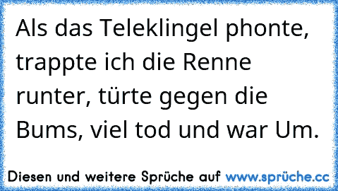 Als das Teleklingel phonte, trappte ich die Renne runter, türte gegen die Bums, viel tod und war Um.