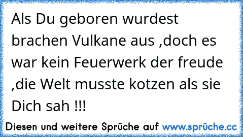 Als Du geboren wurdest brachen Vulkane aus ,doch es war kein Feuerwerk der freude ,die Welt musste kotzen als sie Dich sah !!!