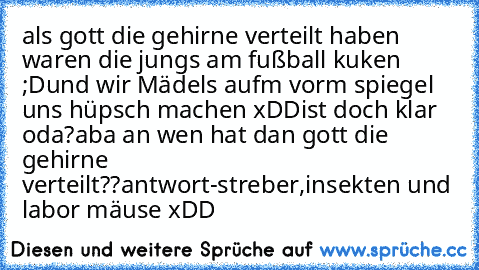 als gott die gehirne verteilt haben waren die jungs am fußball kuken ;D
und wir Mädels aufm vorm spiegel uns hüpsch machen xDD
ist doch klar oda?
aba an wen hat dan gott die gehirne verteilt??
antwort-streber,insekten und labor mäuse xDD