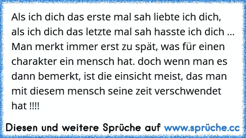 Als ich dich das erste mal sah liebte ich dich, als ich dich das letzte mal sah hasste ich dich ... Man merkt immer erst zu spät, was für einen charakter ein mensch hat. doch wenn man es dann bemerkt, ist die einsicht meist, das man mit diesem mensch seine zeit verschwendet hat !!!!