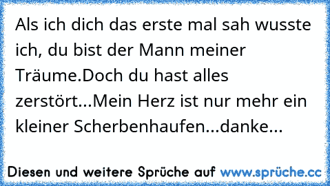 Als ich dich das erste mal sah wusste ich, du bist der Mann meiner Träume.
Doch du hast alles zerstört...
Mein Herz ist nur mehr ein kleiner Scherbenhaufen...
danke...