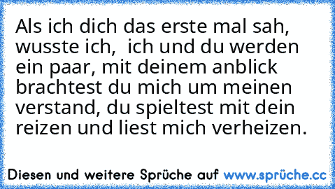 Als ich dich das erste mal sah, wusste ich,  ich und du werden ein paar, mit deinem anblick brachtest du mich um meinen verstand, du spieltest mit dein reizen und liest mich verheizen.