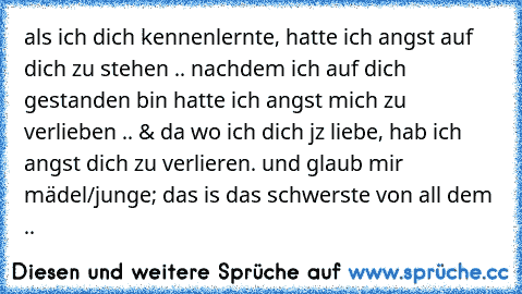 als ich dich kennenlernte, hatte ich angst auf dich zu stehen .. nachdem ich auf dich gestanden bin hatte ich angst mich zu verlieben .. & da wo ich dich jz liebe, hab ich angst dich zu verlieren. und glaub mir mädel/junge; das is das schwerste von all dem .. 