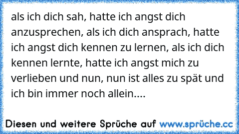 als ich dich sah, hatte ich angst dich anzusprechen, als ich dich ansprach, hatte ich angst dich kennen zu lernen, als ich dich kennen lernte, hatte ich angst mich zu verlieben und nun, nun ist alles zu spät und ich bin immer noch allein....