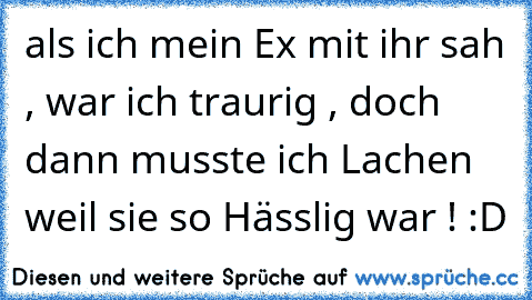 als ich mein Ex mit ihr sah , war ich traurig , doch dann musste ich Lachen weil sie so Hässlig war ! :D