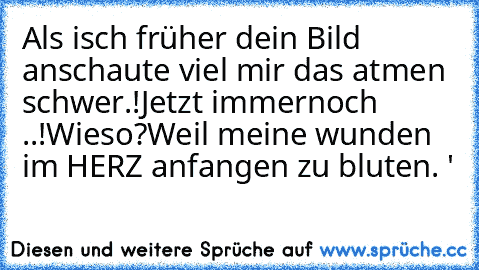 Als isch früher dein Bild anschaute viel mir das atmen schwer.!
Jetzt immernoch ..!
Wieso?
Weil meine wunden im HERZ anfangen zu bluten. ♥'