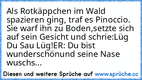 Als Rotkäppchen im Wald spazieren ging, traf es Pinoccio. Sie warf ihn zu Boden,
setzte sich auf sein Gesicht und schrie:
Lüg Du Sau Lüg!
ER: Du bist wunderschön
und seine Nase wuschs...