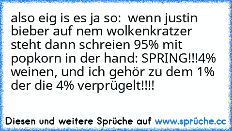 also eig is es ja so:  wenn justin bieber auf nem wolkenkratzer steht dann schreien 95% mit popkorn in der hand: SPRING!!!
4% weinen, und ich gehör zu dem 1% der die 4% verprügelt!!!!