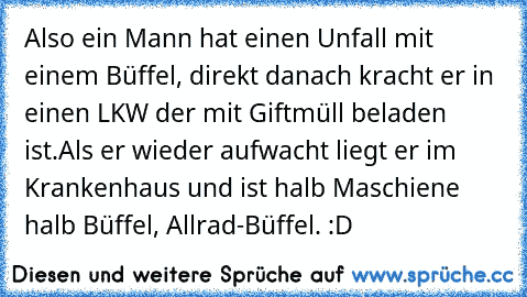 Also ein Mann hat einen Unfall mit einem Büffel, direkt danach kracht er in einen LKW der mit Giftmüll beladen ist.
Als er wieder aufwacht liegt er im Krankenhaus und ist halb Maschiene halb Büffel, Allrad-Büffel. :D