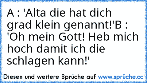 A : 'Alta die hat dich grad klein genannt!'
B : 'Oh mein Gott! Heb mich hoch damit ich die schlagen kann!'