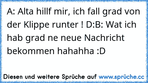 A: Alta hillf mir, ich fall grad von der Klippe runter ! D:
B: Wat ich hab grad ne neue Nachricht bekommen 
hahahha :D ♥