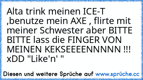 Alta trink meinen ICE-T ,benutze mein AXE , flirte mit meiner Schwester aber BITTE BITTE lass die FINGER VON MEINEN KEKSEEEENNNNN !!! xDD "Like'n' "