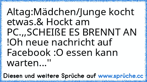 Altag:
Mädchen/Junge kocht etwas.
& Hockt am PC.
,,SCHEIßE ES BRENNT AN !Oh neue nachricht auf Facebook :O essen kann warten...''