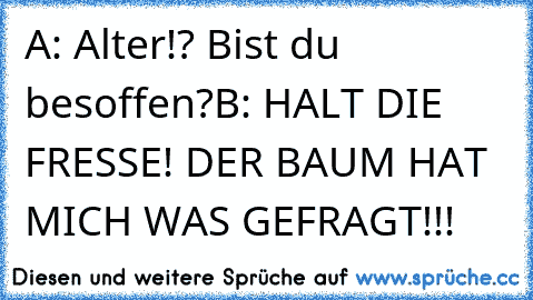 A: Alter!? Bist du besoffen?
B: HALT DIE FRESSE! DER BAUM HAT MICH WAS GEFRAGT!!!