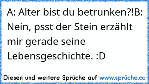 A: Alter bist du betrunken?!
B: Nein, psst der Stein erzählt mir gerade seine Lebensgeschichte. 
:D