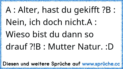 A : Alter, hast du gekifft ?
B : Nein, ich doch nicht.
A : Wieso bist du dann so drauf ?!
B : Mutter Natur. :D