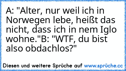 A: "Alter, nur weil ich in Norwegen lebe, heißt das nicht, dass ich in nem Iglo wohne."
B: "WTF, du bist also obdachlos?"