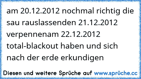 am 20.12.2012 nochmal richtig die sau rauslassen
den 21.12.2012 verpennen
am 22.12.2012 total-blackout haben und sich nach der erde erkundigen